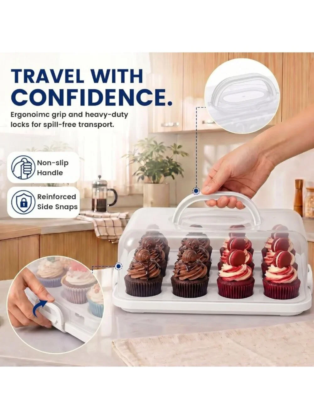 2-in-1 Cake Carrier with Lid & Handle - 12 Cup Capacity for Cupcakes, Pies